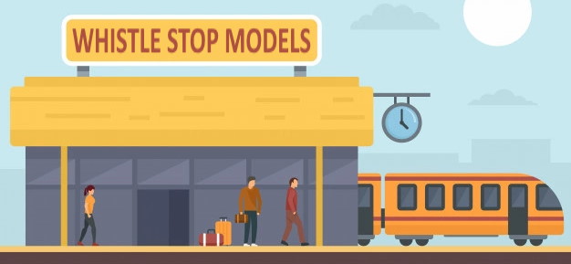 Whistle Stop Models Logo with 3 people standing before a train depot and a train in the background