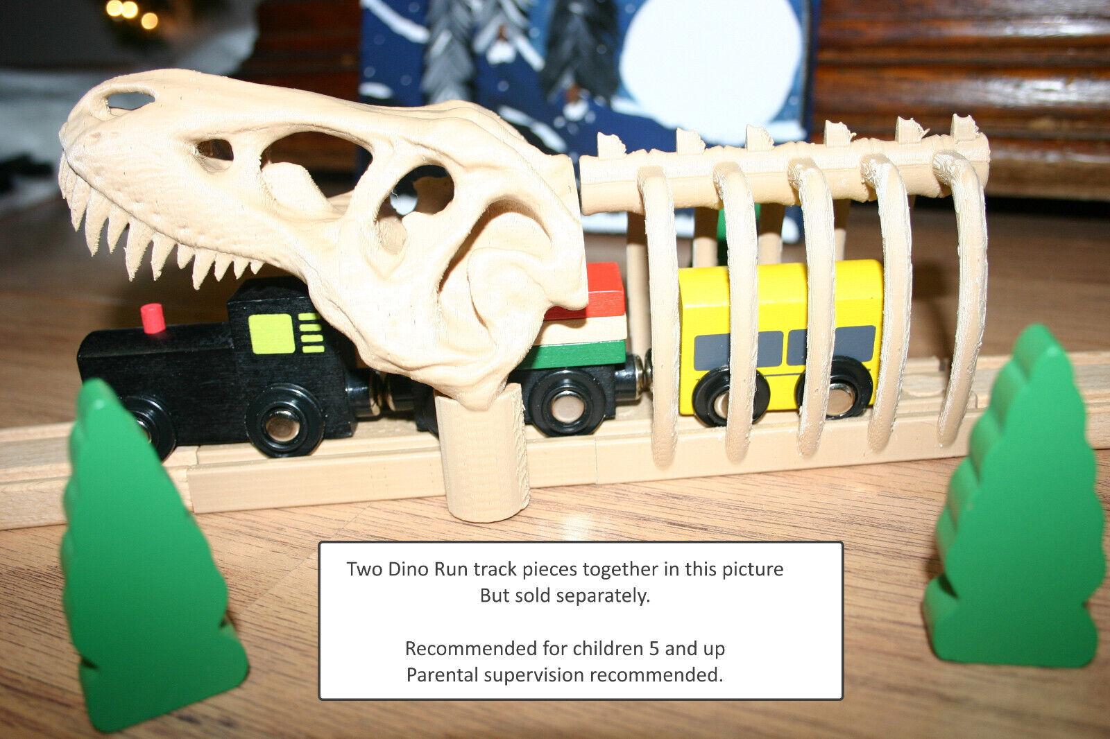 Trains coming out of a dinosaur's head and ribs skeleton     