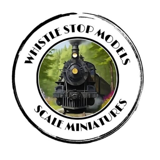 Whistle Stop Models Logo with 3 people standing before a train depot and a train in the background